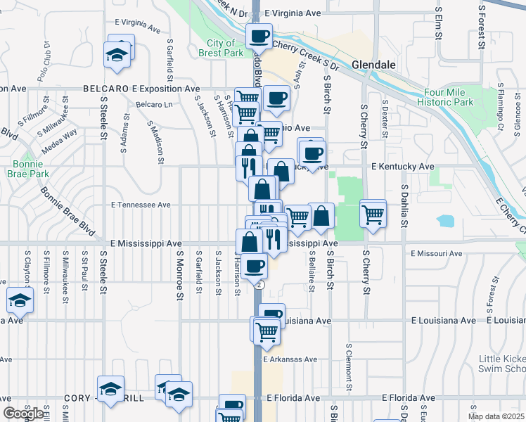 map of restaurants, bars, coffee shops, grocery stores, and more near 1040 South Colorado Boulevard in Denver