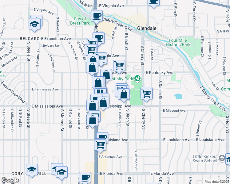 map of restaurants, bars, coffee shops, grocery stores, and more near 1015 South Birch Street in Glendale