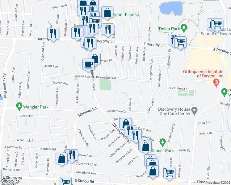map of restaurants, bars, coffee shops, grocery stores, and more near 1568 Beaver Ridge Drive in Kettering
