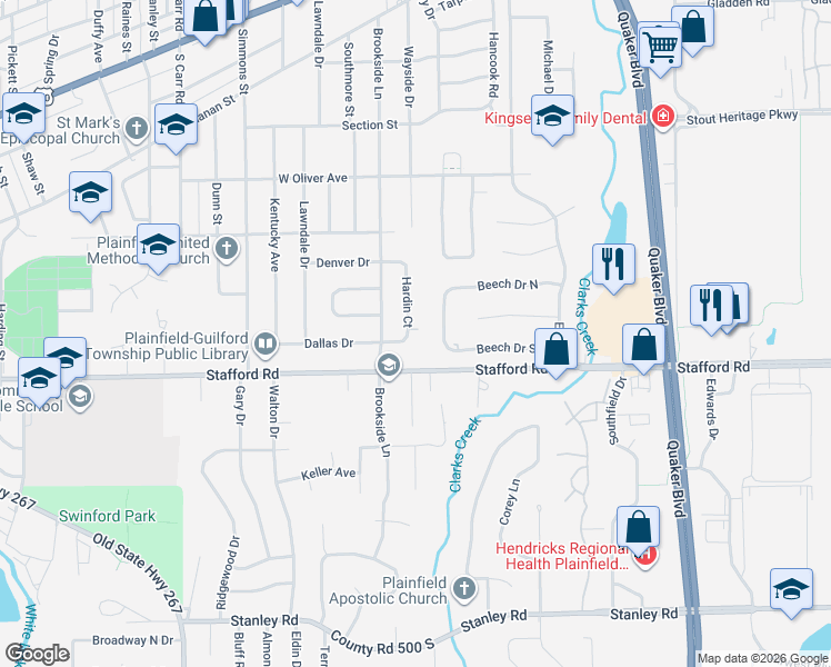 map of restaurants, bars, coffee shops, grocery stores, and more near 1600 Stafford Road in Plainfield