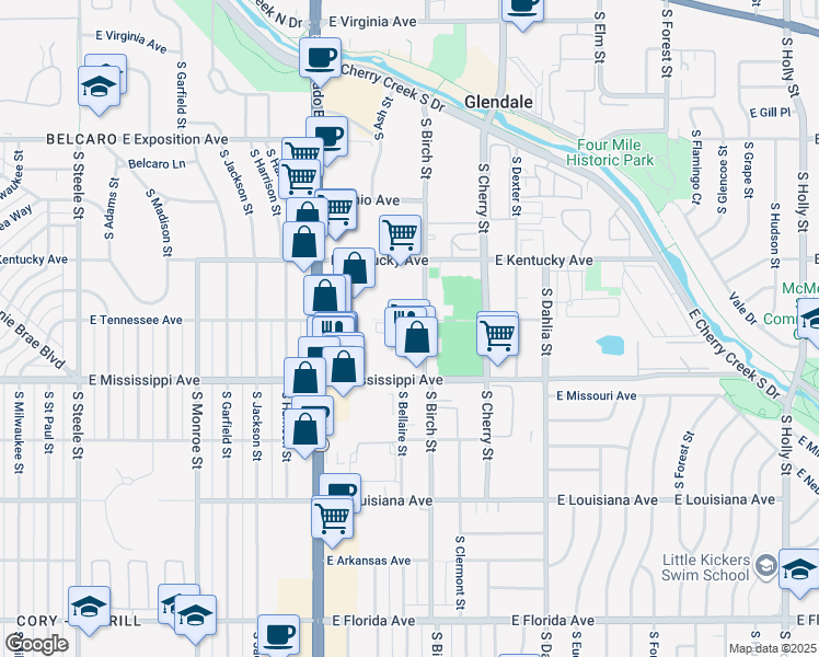 map of restaurants, bars, coffee shops, grocery stores, and more near 1015 South Birch Street in Glendale
