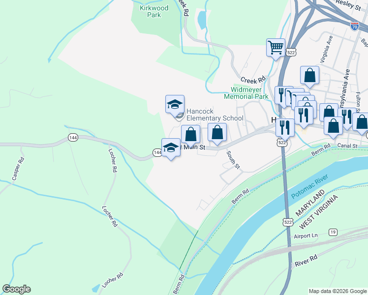 map of restaurants, bars, coffee shops, grocery stores, and more near 281 West Main Street in Hancock