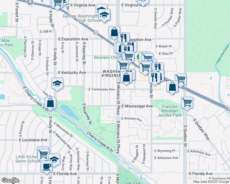 map of restaurants, bars, coffee shops, grocery stores, and more near 1000 South Monaco Parkway in Denver