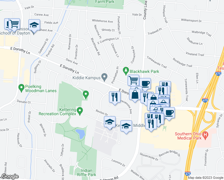 map of restaurants, bars, coffee shops, grocery stores, and more near 3000 East Dorothy Lane in Dayton