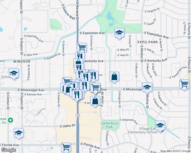 map of restaurants, bars, coffee shops, grocery stores, and more near 1005 South Jamaica Street in Aurora