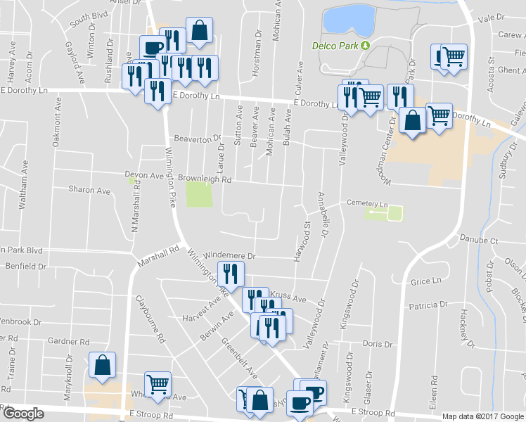 map of restaurants, bars, coffee shops, grocery stores, and more near 1681 Beaver Ridge Drive in Kettering