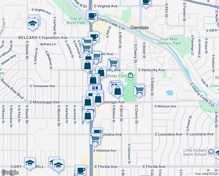 map of restaurants, bars, coffee shops, grocery stores, and more near 1017 South Birch Street in Glendale