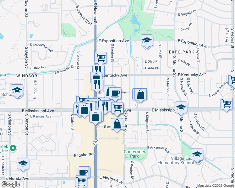 map of restaurants, bars, coffee shops, grocery stores, and more near 1005 South Jamaica Street in Aurora