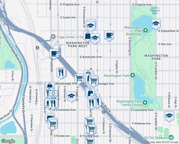 map of restaurants, bars, coffee shops, grocery stores, and more near 1045 South Pearl Street in Denver