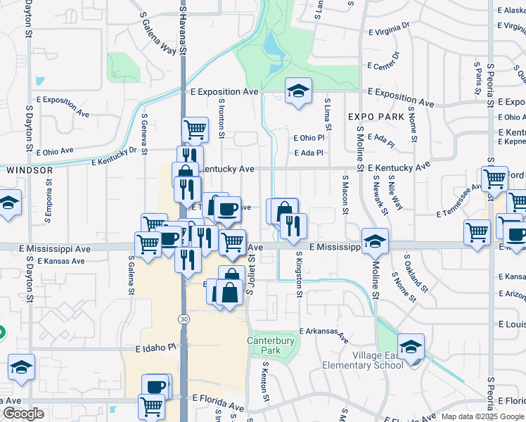 map of restaurants, bars, coffee shops, grocery stores, and more near 1050 South Joliet Street in Aurora