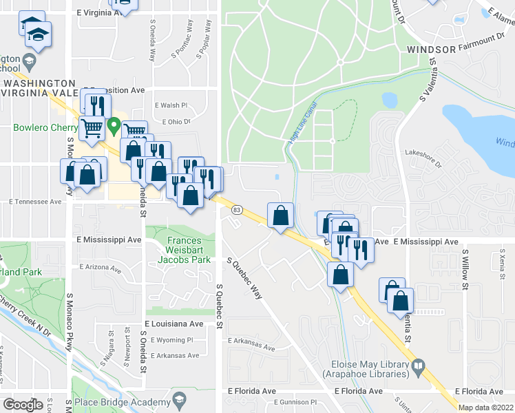 map of restaurants, bars, coffee shops, grocery stores, and more near 1060 Colorado 83 in Denver