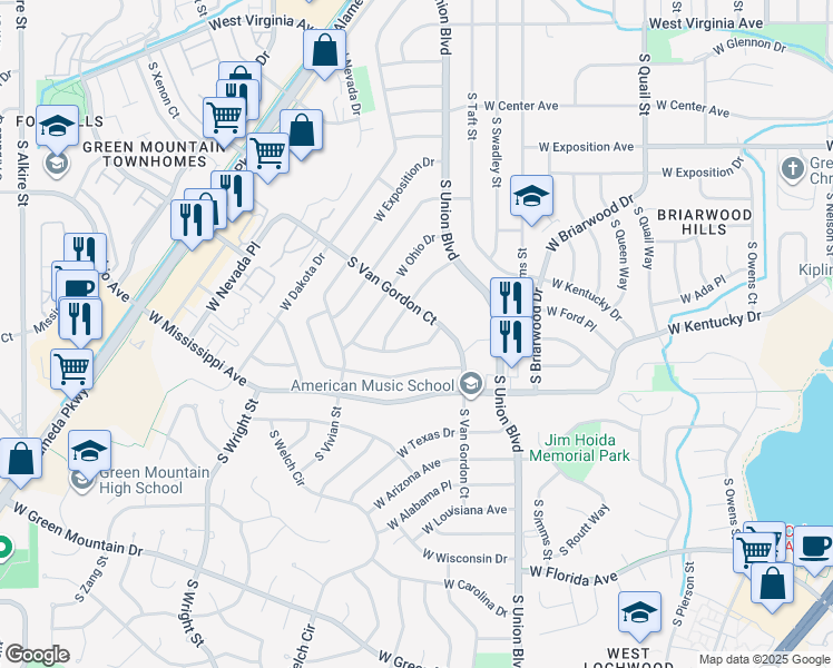 map of restaurants, bars, coffee shops, grocery stores, and more near 12277 West Tennessee Place in Lakewood