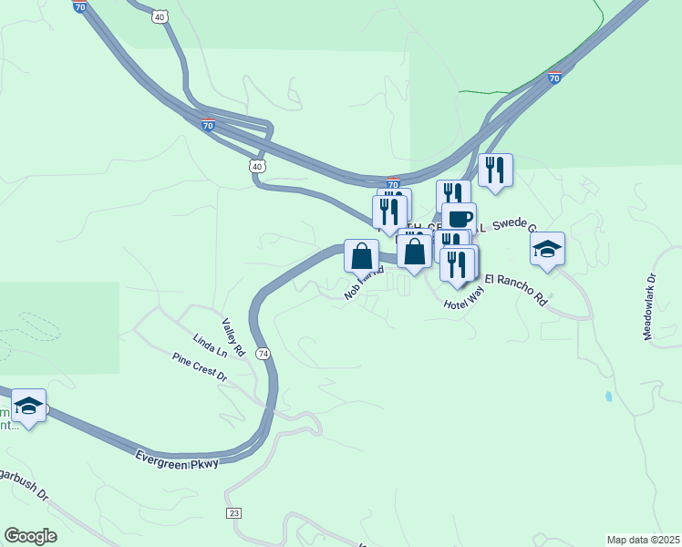map of restaurants, bars, coffee shops, grocery stores, and more near Nob Hill Road in Evergreen