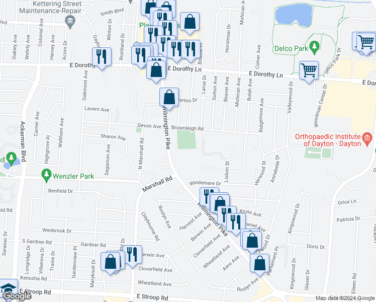 map of restaurants, bars, coffee shops, grocery stores, and more near 3316 Wilmington Pike in Dayton