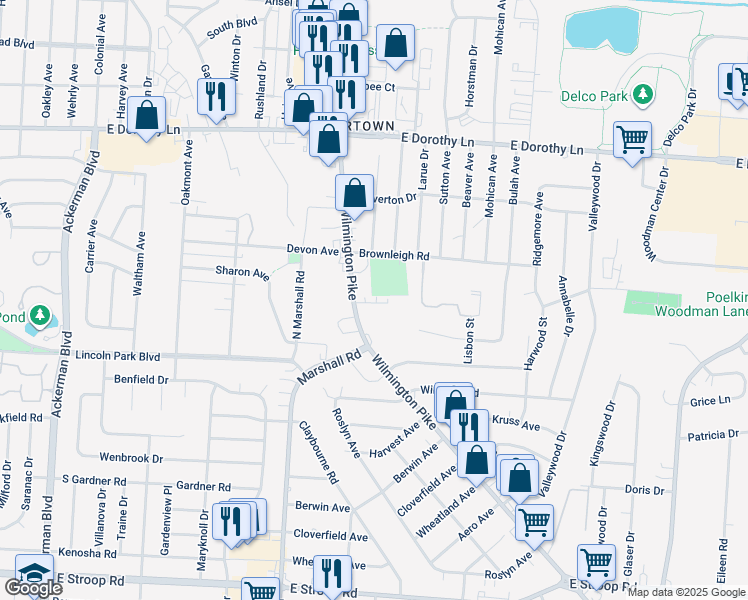 map of restaurants, bars, coffee shops, grocery stores, and more near 3308 Wilmington Pike in Dayton