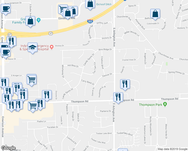 map of restaurants, bars, coffee shops, grocery stores, and more near 4814 Dancer Drive in Indianapolis