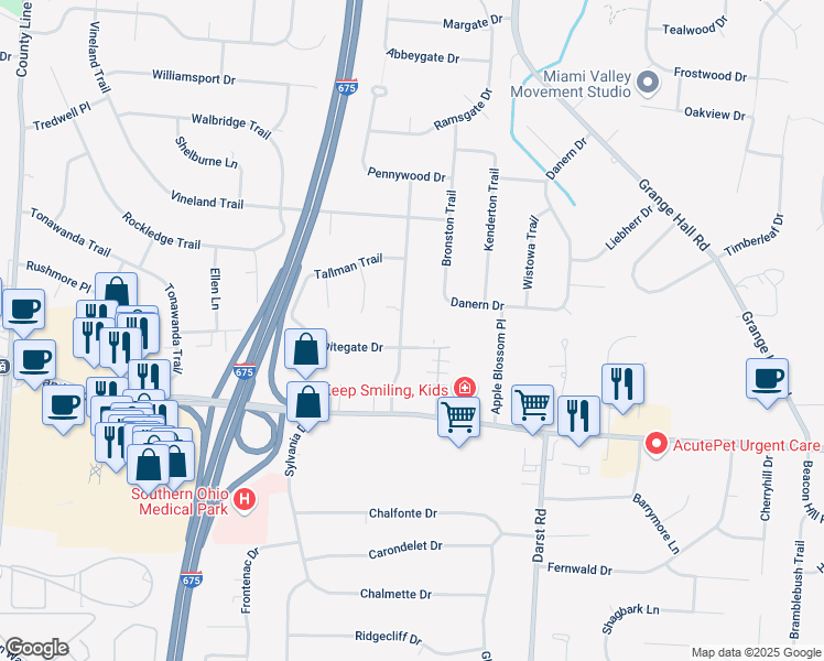 map of restaurants, bars, coffee shops, grocery stores, and more near 4121 Whitegate Drive in Beavercreek