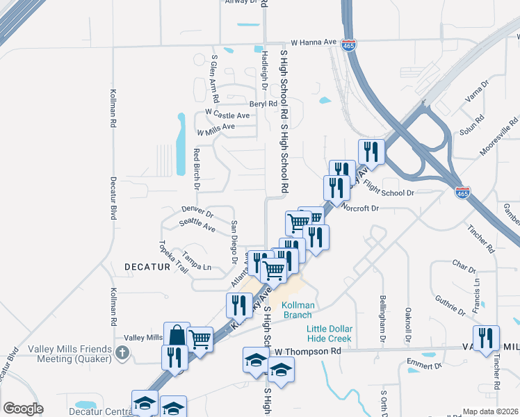 map of restaurants, bars, coffee shops, grocery stores, and more near 4524 South High School Road in Indianapolis