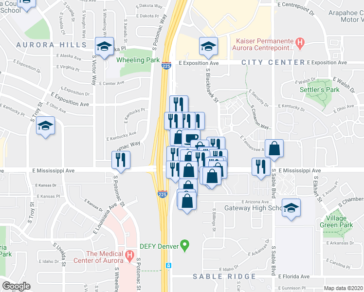 map of restaurants, bars, coffee shops, grocery stores, and more near 1011 South Abilene Street in Aurora