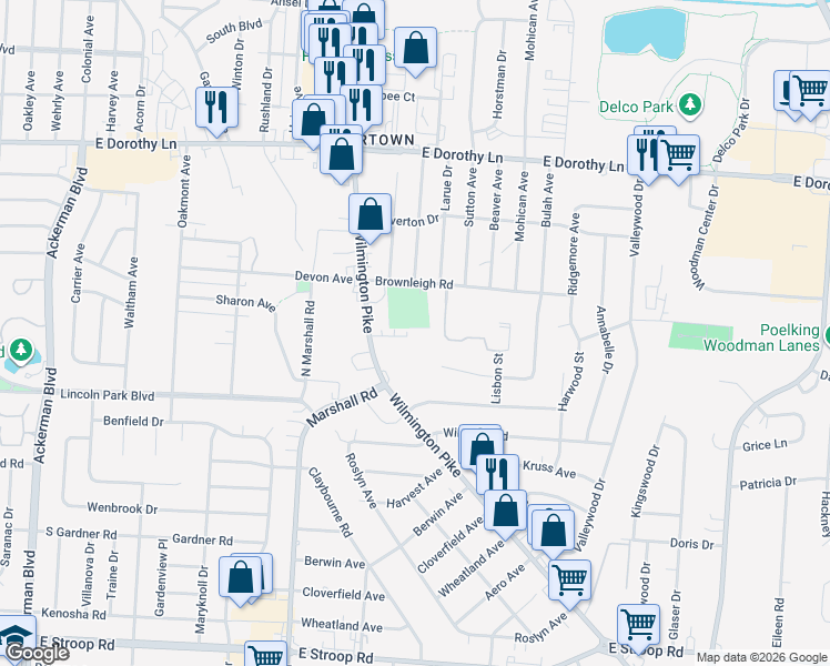map of restaurants, bars, coffee shops, grocery stores, and more near 3296 Wilmington Pike in Dayton