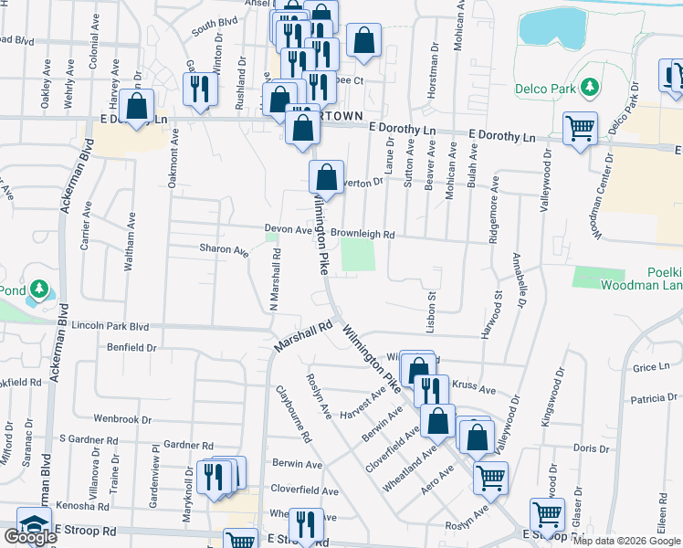 map of restaurants, bars, coffee shops, grocery stores, and more near 3292 Wilmington Pike in Kettering