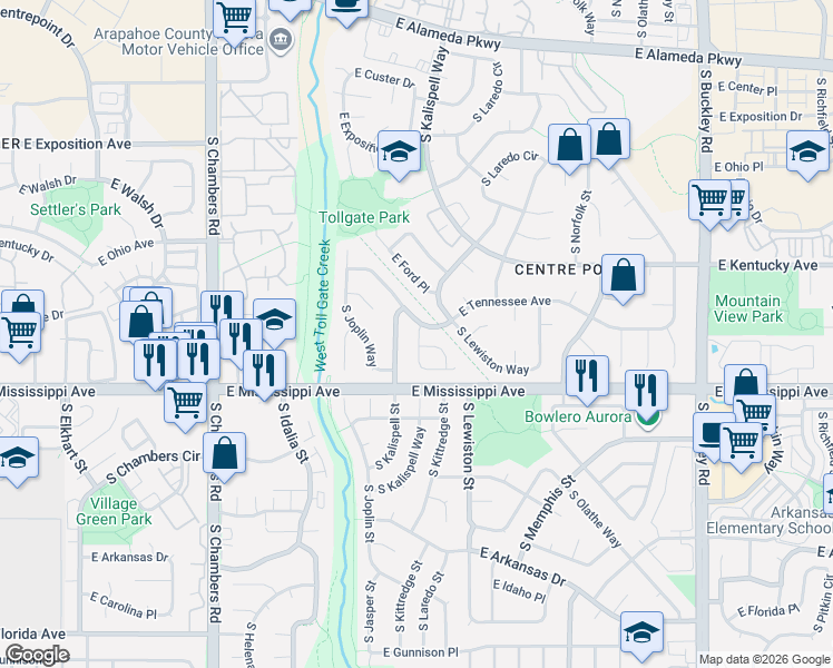 map of restaurants, bars, coffee shops, grocery stores, and more near 1003 South Kittredge Way in Aurora