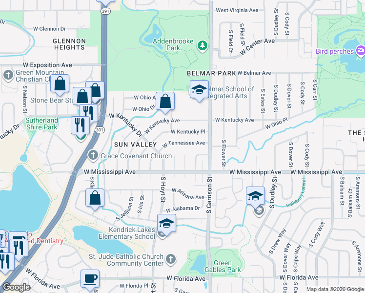 map of restaurants, bars, coffee shops, grocery stores, and more near 9462 West Kentucky Place in Lakewood