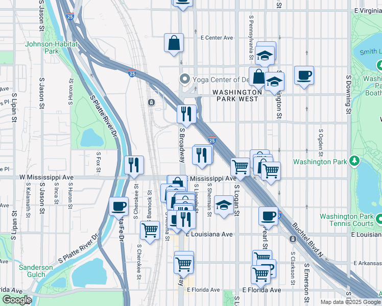 map of restaurants, bars, coffee shops, grocery stores, and more near 1000 Broadway in Denver