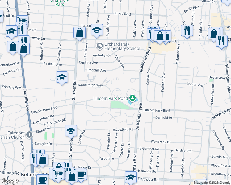 map of restaurants, bars, coffee shops, grocery stores, and more near 632 Renolda Woods Court in Dayton
