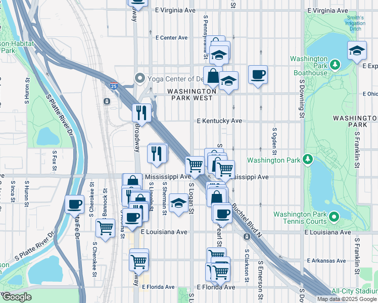 map of restaurants, bars, coffee shops, grocery stores, and more near 985 South Logan Street in Denver