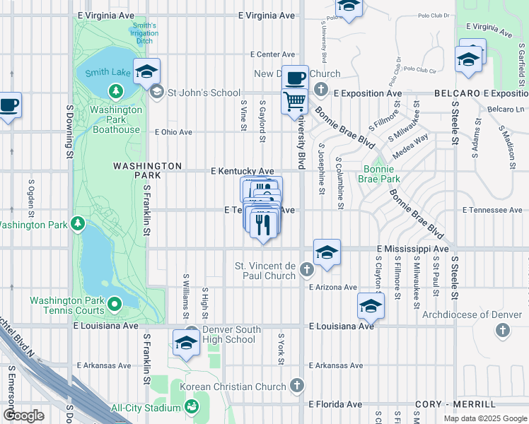 map of restaurants, bars, coffee shops, grocery stores, and more near 1000 South Gaylord Street in Denver