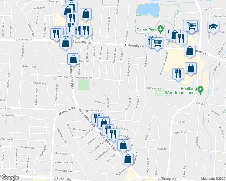 map of restaurants, bars, coffee shops, grocery stores, and more near 1708 Beaver Ridge Drive in Kettering