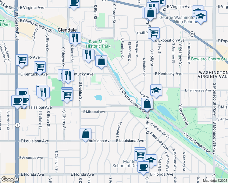 map of restaurants, bars, coffee shops, grocery stores, and more near 5250 East Cherry Creek South Drive in Denver