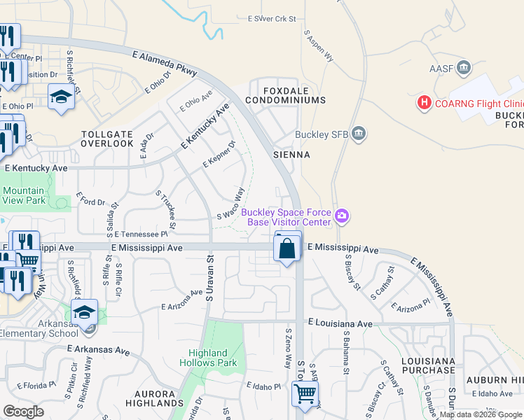 map of restaurants, bars, coffee shops, grocery stores, and more near 1001 South Yampa Street in Aurora
