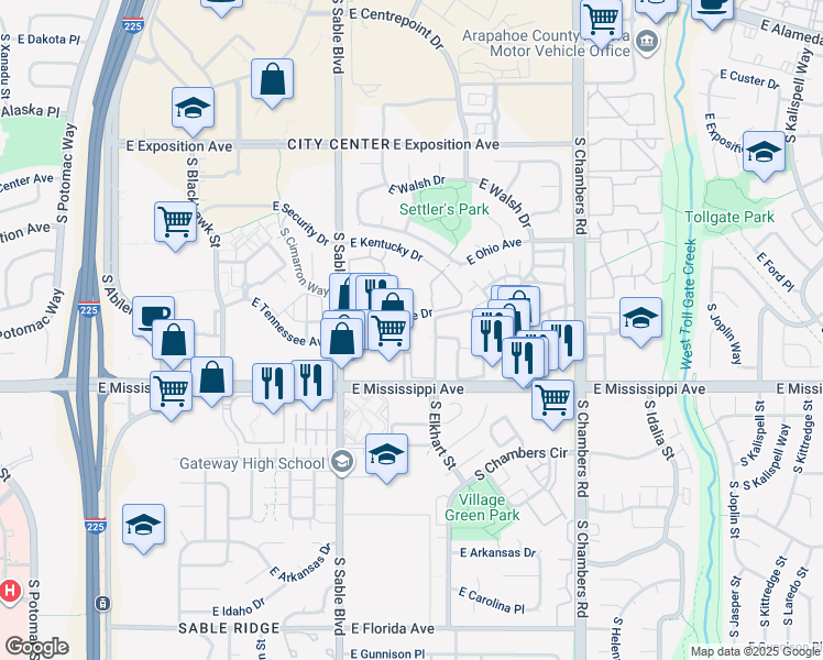 map of restaurants, bars, coffee shops, grocery stores, and more near 14701 East Tennessee Drive in Aurora
