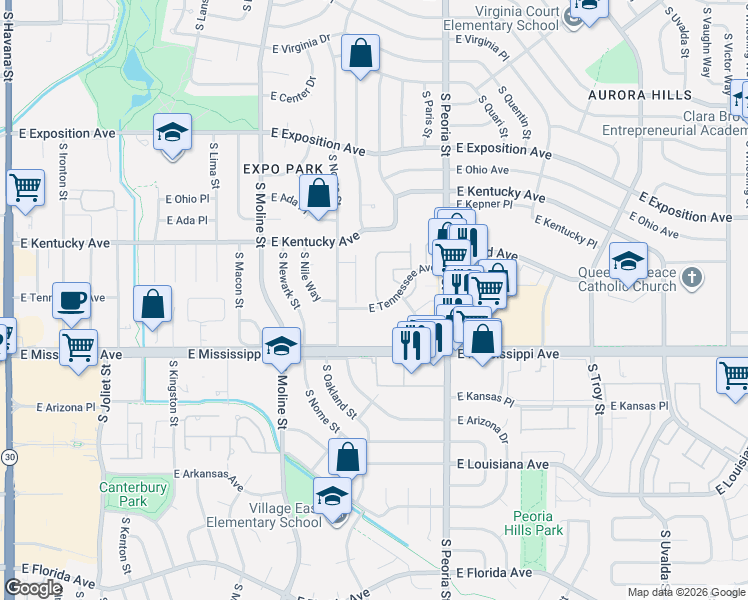 map of restaurants, bars, coffee shops, grocery stores, and more near 11854 East Kepner Drive in Aurora