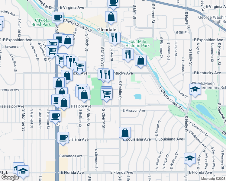 map of restaurants, bars, coffee shops, grocery stores, and more near 960 South Dexter Street in Denver