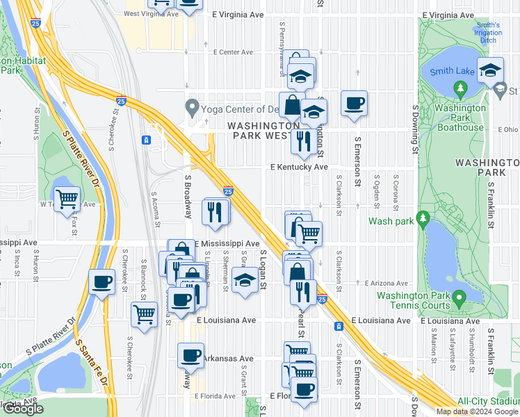 map of restaurants, bars, coffee shops, grocery stores, and more near 985 South Logan Street in Denver
