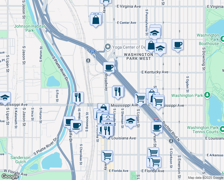 map of restaurants, bars, coffee shops, grocery stores, and more near 900-990 South Broadway in Denver
