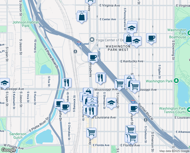 map of restaurants, bars, coffee shops, grocery stores, and more near 900-990 South Broadway in Denver