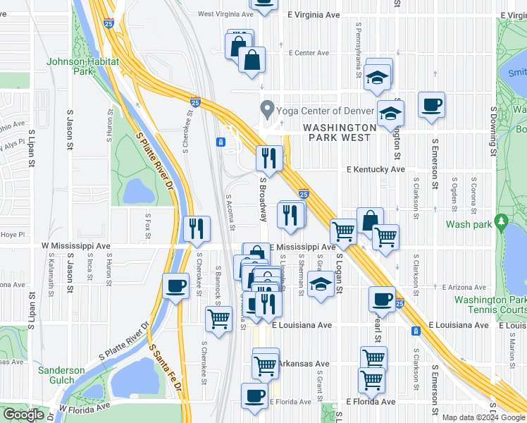 map of restaurants, bars, coffee shops, grocery stores, and more near 957 Broadway in Denver