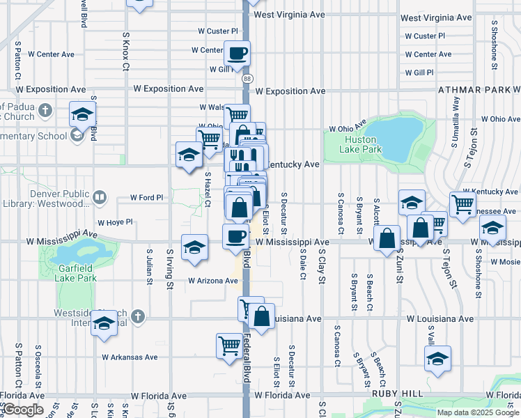 map of restaurants, bars, coffee shops, grocery stores, and more near 985 South Eliot Street in Denver