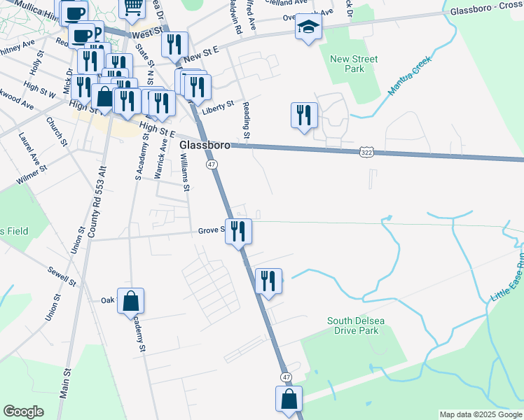 map of restaurants, bars, coffee shops, grocery stores, and more near 40-42 Delsea Drive in Glassboro