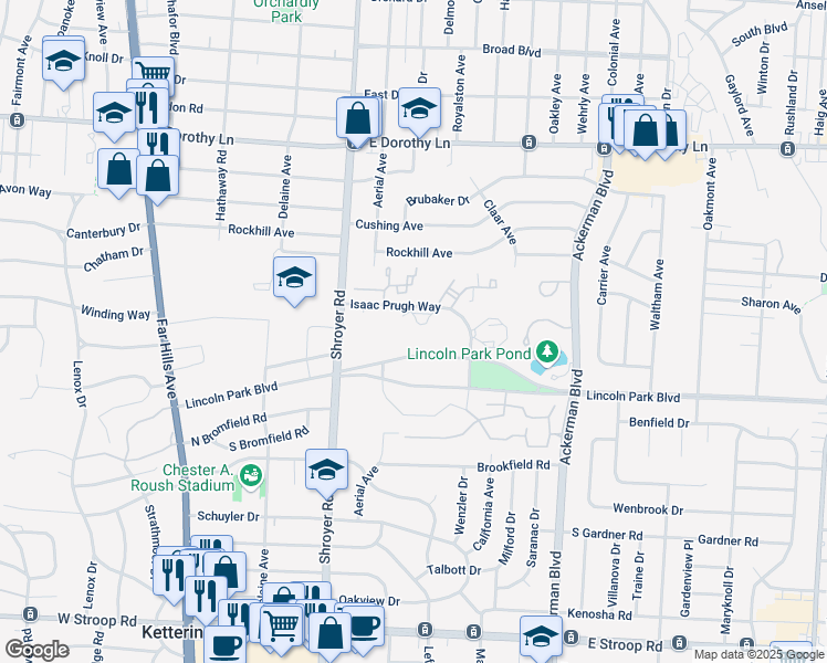map of restaurants, bars, coffee shops, grocery stores, and more near 578 Cottingwood Court in Dayton