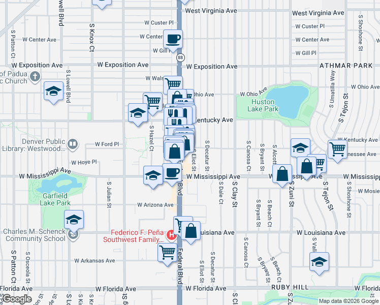 map of restaurants, bars, coffee shops, grocery stores, and more near 985 South Eliot Street in Denver