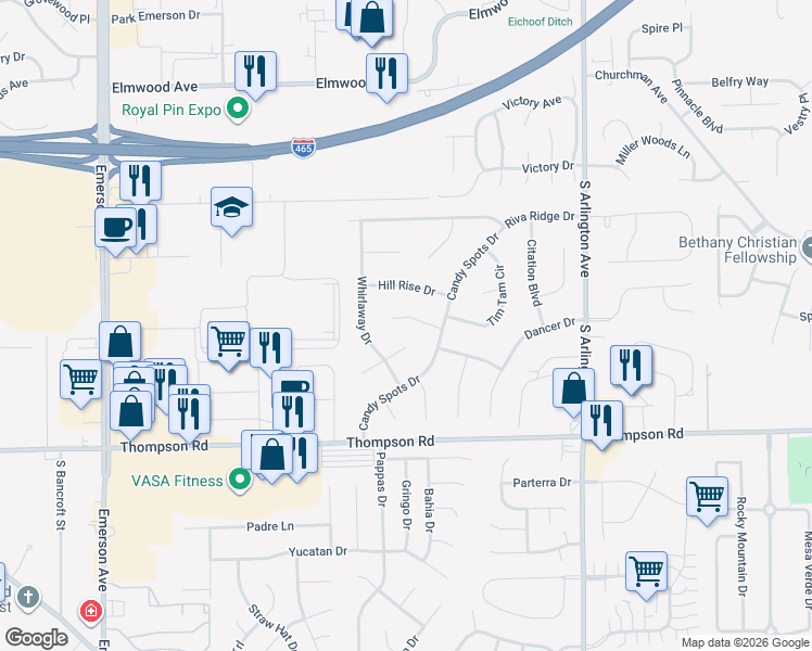 map of restaurants, bars, coffee shops, grocery stores, and more near 5609 Personality Court in Indianapolis