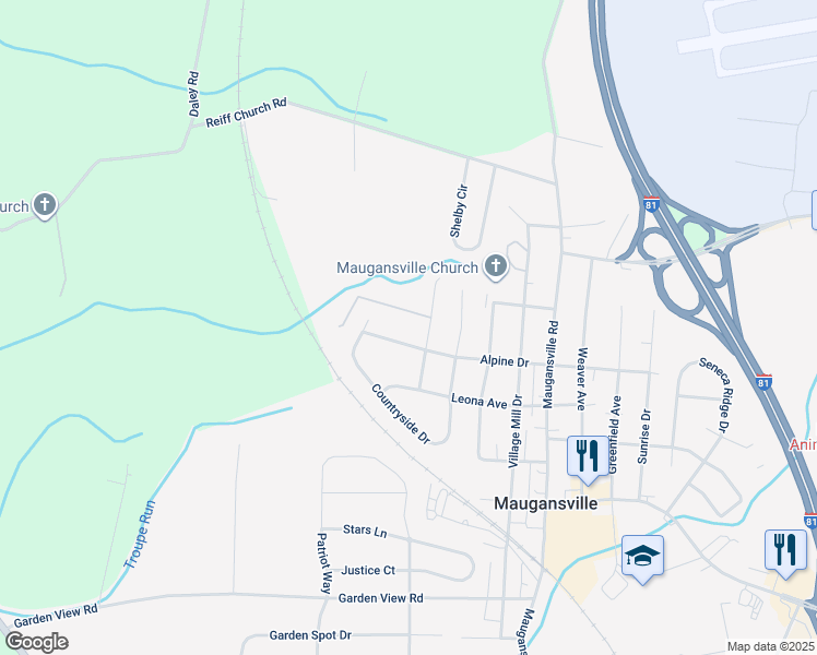 map of restaurants, bars, coffee shops, grocery stores, and more near 17816 Alpine Drive in Maugansville
