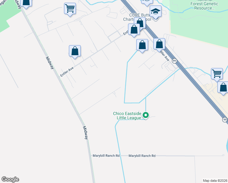 map of restaurants, bars, coffee shops, grocery stores, and more near 2 McFadden Lane in Chico