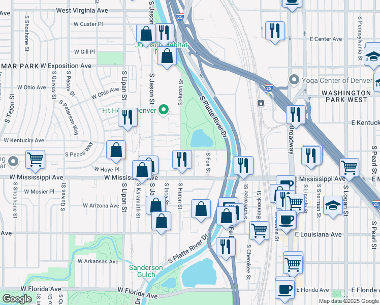 map of restaurants, bars, coffee shops, grocery stores, and more near 601-699 West Tennessee Avenue in Denver