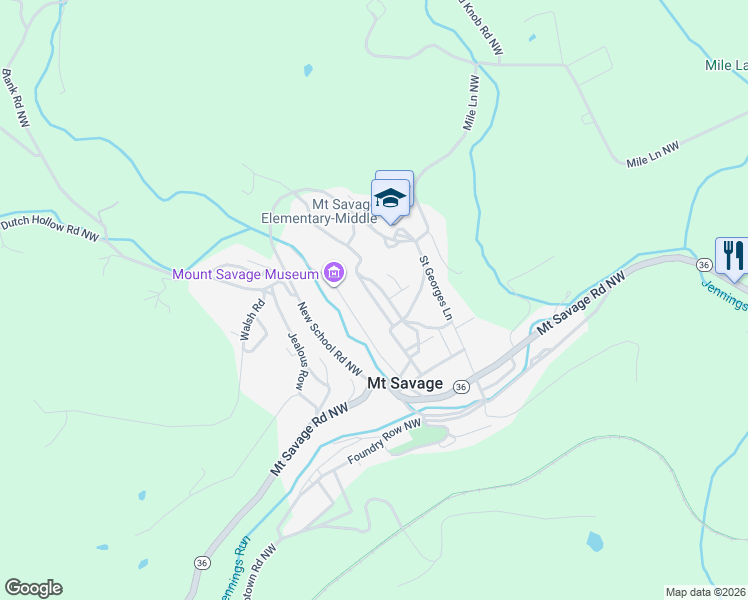 map of restaurants, bars, coffee shops, grocery stores, and more near 12908 Upper New Row Road in Mount Savage